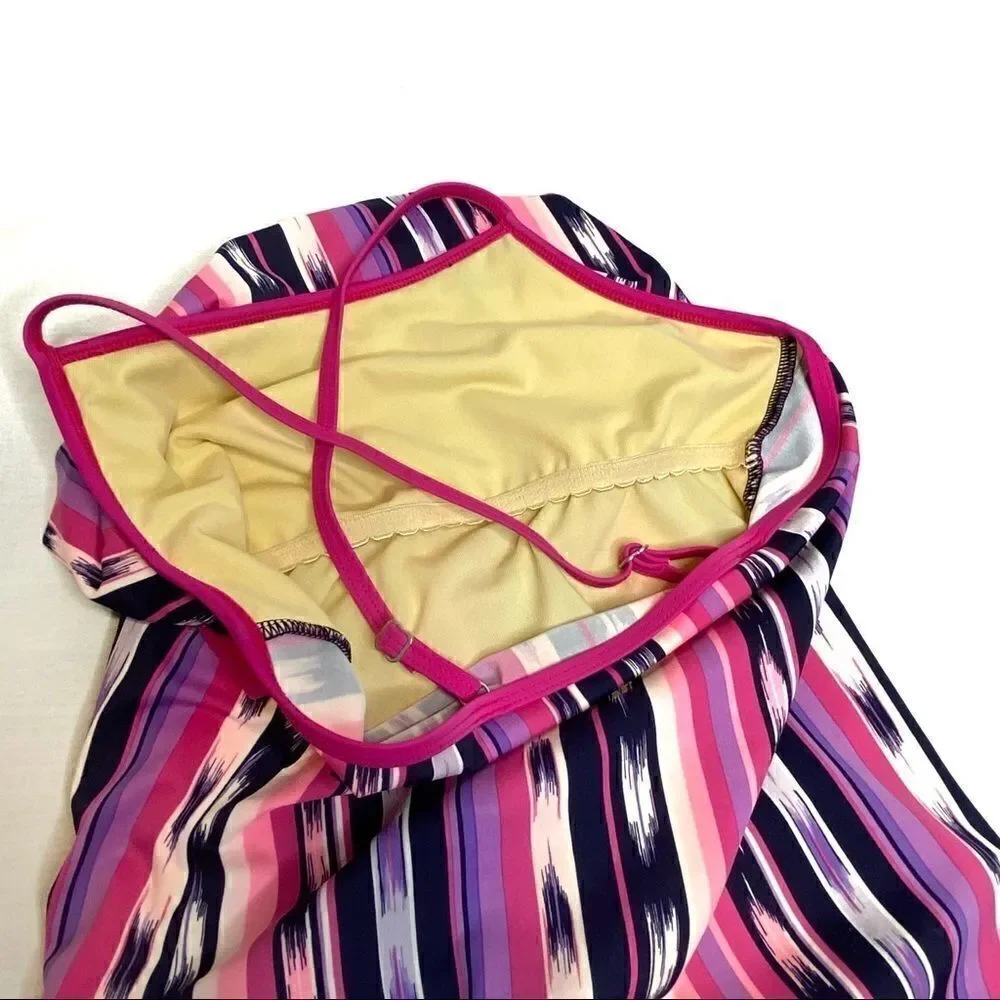 Lands End pink and purple vertical stripe one piece swimsuit size 12+